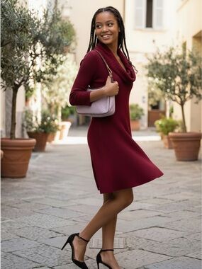 bebe Burgundy Cowl Neck Ribbed Sweater Dress
